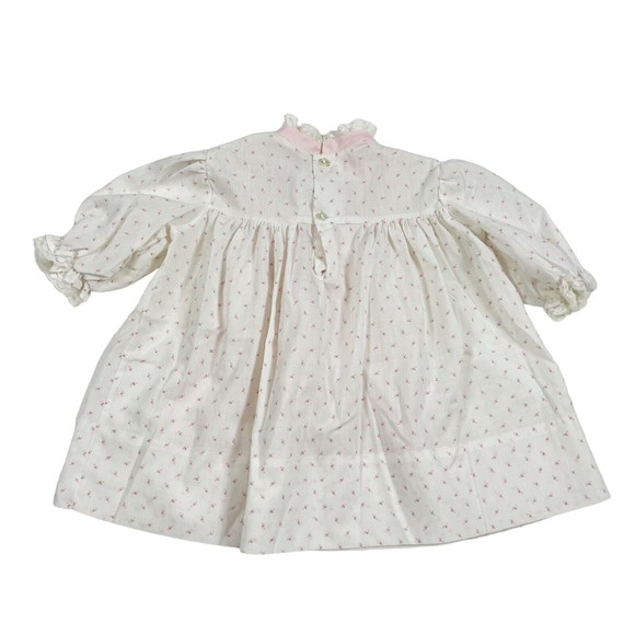 Vtg Hand Smocked Dress 24 Mo. Polly Flinders Calico w Pink Apron Lace 3/4 Sleeve - Picture 6 of 12